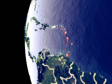 Caribbean uzaydan görünür şehir ışıkları ile gece manzarası. Çok detaylı plastik gezegenin yüzey. 3D çizim. Nasa tarafından döşenmiş bu görüntü unsurları.