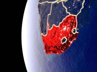 Güney Afrika uzaydan görünür şehir ışıkları ile gece manzarası. Çok detaylı plastik gezegenin yüzey. 3D çizim. Nasa tarafından döşenmiş bu görüntü unsurları.