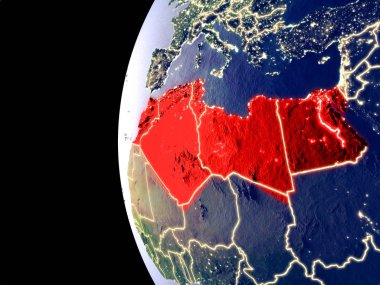 Kuzey Afrika uzaydan görünür şehir ışıkları ile gece manzarası. Çok detaylı plastik gezegenin yüzey. 3D çizim. Nasa tarafından döşenmiş bu görüntü unsurları.