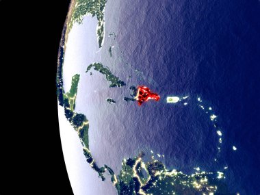 Dominik Cumhuriyeti uzaydan görünür şehir ışıkları ile gece manzarası. Çok detaylı plastik gezegenin yüzey. 3D çizim. Nasa tarafından döşenmiş bu görüntü unsurları.