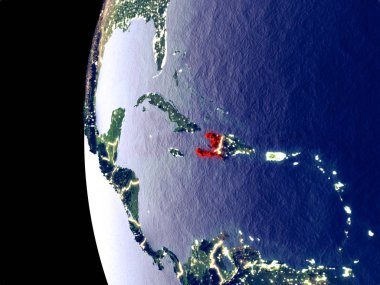 Haiti uzaydan görünür şehir ışıkları ile gece manzarası. Çok detaylı plastik gezegenin yüzey. 3D çizim. Nasa tarafından döşenmiş bu görüntü unsurları.