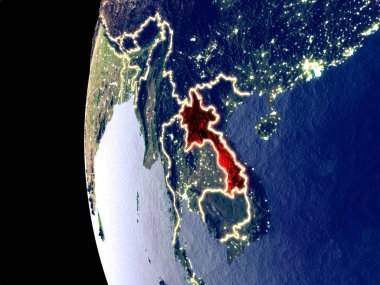 Laos uzaydan görünür şehir ışıkları ile gece manzarası. Çok detaylı plastik gezegenin yüzey. 3D çizim. Nasa tarafından döşenmiş bu görüntü unsurları.