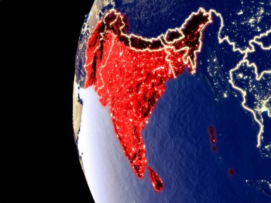 Güney Asya uzaydan görünür şehir ışıkları ile gece manzarası. Çok detaylı plastik gezegenin yüzey. 3D çizim. Nasa tarafından döşenmiş bu görüntü unsurları.