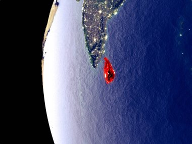 Sri Lanka uzaydan görünür şehir ışıkları ile gece manzarası. Çok detaylı plastik gezegenin yüzey. 3D çizim. Nasa tarafından döşenmiş bu görüntü unsurları.