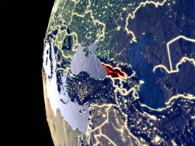 Gürcistan'dan alan görünür şehir ışıkları ile gece manzarası. Çok detaylı plastik gezegenin yüzey. 3D çizim. Nasa tarafından döşenmiş bu görüntü unsurları.