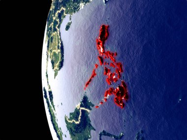 Filipinler uzaydan görünür şehir ışıkları ile gece manzarası. Çok detaylı plastik gezegenin yüzey. 3D çizim. Nasa tarafından döşenmiş bu görüntü unsurları.