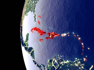 Caribbean uzaydan görünür şehir ışıkları ile gece manzarası. Çok detaylı plastik gezegenin yüzey. 3D çizim. Nasa tarafından döşenmiş bu görüntü unsurları.
