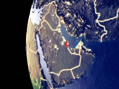 Katar uzaydan görünür şehir ışıkları ile gece manzarası. Çok detaylı plastik gezegenin yüzey. 3D çizim. Nasa tarafından döşenmiş bu görüntü unsurları.