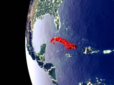 Küba'dan alan görünür şehir ışıkları ile gece manzarası. Çok detaylı plastik gezegenin yüzey. 3D çizim. Nasa tarafından döşenmiş bu görüntü unsurları.