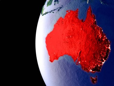 Avustralya uzaydan görünür şehir ışıkları ile gece manzarası. Çok detaylı plastik gezegenin yüzey. 3D çizim. Nasa tarafından döşenmiş bu görüntü unsurları.