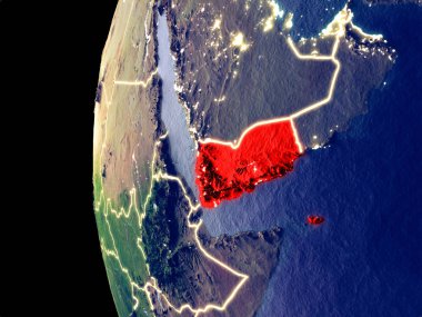 Yemen uzaydan görünür şehir ışıkları ile gece manzarası. Çok detaylı plastik gezegenin yüzey. 3D çizim. Nasa tarafından döşenmiş bu görüntü unsurları.