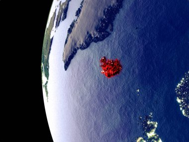 İzlanda'dan alan görünür şehir ışıkları ile gece manzarası. Çok detaylı plastik gezegenin yüzey. 3D çizim. Nasa tarafından döşenmiş bu görüntü unsurları.