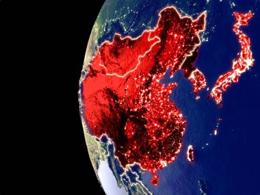 Doğu Asya uzaydan görünür şehir ışıkları ile gece manzarası. Çok detaylı plastik gezegenin yüzey. 3D çizim. Nasa tarafından döşenmiş bu görüntü unsurları.