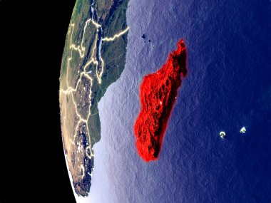 Madagaskar uzaydan görünür şehir ışıkları ile gece manzarası. Çok detaylı plastik gezegenin yüzey. 3D çizim. Nasa tarafından döşenmiş bu görüntü unsurları.