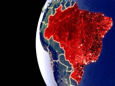 Brezilya uzaydan görünür şehir ışıkları ile gece manzarası. Çok detaylı plastik gezegenin yüzey. 3D çizim. Nasa tarafından döşenmiş bu görüntü unsurları.