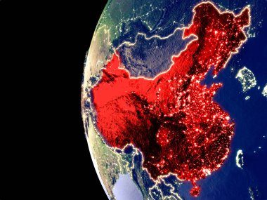 Çin'den alan görünür şehir ışıkları ile gece manzarası. Çok detaylı plastik gezegenin yüzey. 3D çizim. Nasa tarafından döşenmiş bu görüntü unsurları.