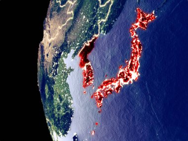 Japonya ve Kore uzaydan görünür şehir ışıkları ile gece manzarası. Çok detaylı plastik gezegenin yüzey. 3D çizim. Nasa tarafından döşenmiş bu görüntü unsurları.