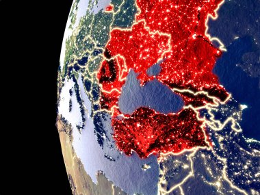 Karadeniz Bölgesi uzaydan görünür şehir ışıkları ile gece manzarası. Çok detaylı plastik gezegenin yüzey. 3D çizim. Nasa tarafından döşenmiş bu görüntü unsurları.