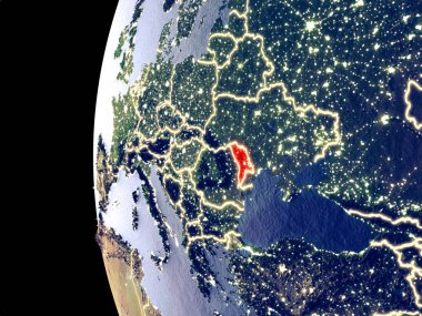 Moldova uzaydan görünür şehir ışıkları ile gece manzarası. Çok detaylı plastik gezegenin yüzey. 3D çizim. Nasa tarafından döşenmiş bu görüntü unsurları.