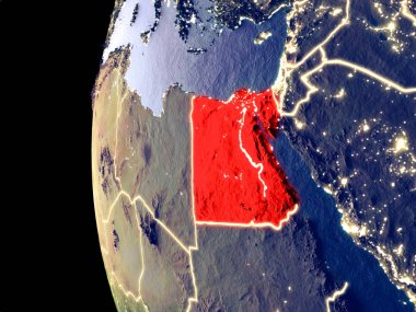 Mısır'dan alan görünür şehir ışıkları ile gece manzarası. Çok detaylı plastik gezegenin yüzey. 3D çizim. Nasa tarafından döşenmiş bu görüntü unsurları.