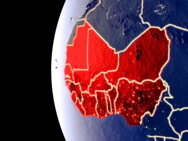 Batı Afrika uzaydan görünür şehir ışıkları ile gece manzarası. Çok detaylı plastik gezegenin yüzey. 3D çizim. Nasa tarafından döşenmiş bu görüntü unsurları.