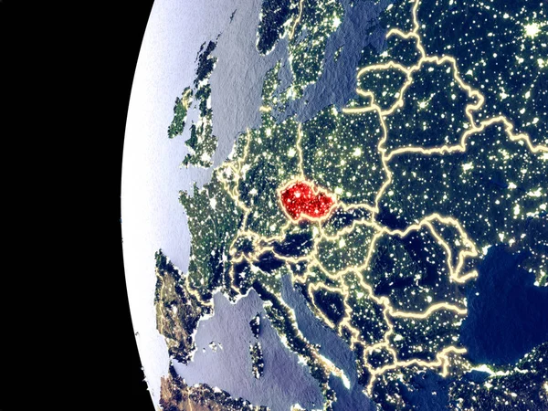 Wgląd Nocy Republiki Czeskiej Kosmosu Światła Widoczne Miasta Bardzo Szczegółowe — Zdjęcie stockowe