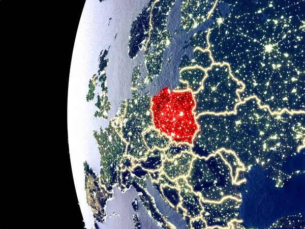 Éjszakai Kilátás Lengyelország Űrből Látható Város Fényei Nagyon Részletes Műanyag — Stock Fotó