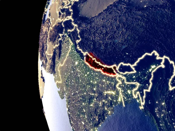 Wgląd Nocy Nepalu Kosmosu Światła Widoczne Miasta Bardzo Szczegółowe Planecie — Zdjęcie stockowe