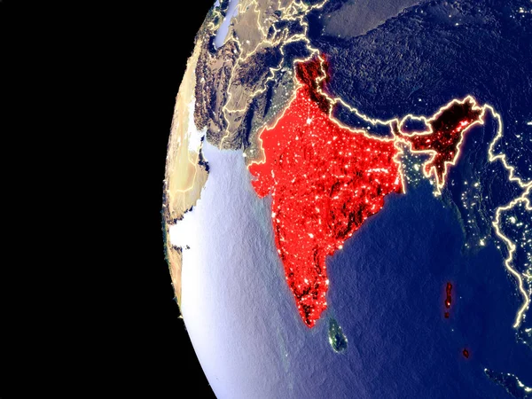 目に見える街の明かりと宇宙からインドの夜景 非常に詳細なプラスチック地球表面 イラスト Nasa から提供されたこのイメージの要素 — ストック写真