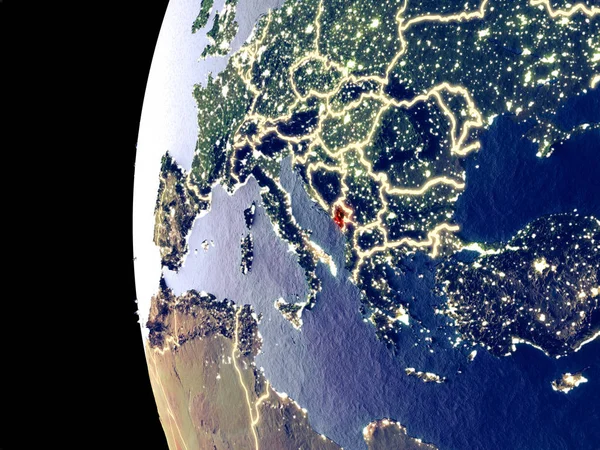 Wgląd Nocy Czarnogóry Kosmosu Światła Widoczne Miasta Bardzo Szczegółowe Planecie — Zdjęcie stockowe