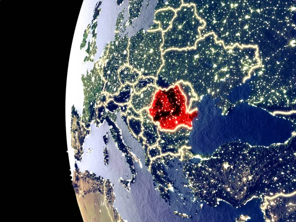 Ночной Вид Румынии Космоса Видимыми Городскими Огнями Подробная Пластиковая Поверхность — стоковое фото