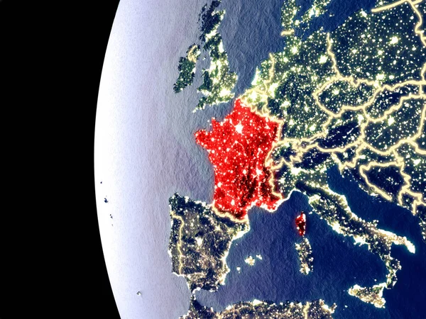 Ночной Вид Франции Космоса Видимыми Городскими Огнями Подробная Пластиковая Поверхность — стоковое фото
