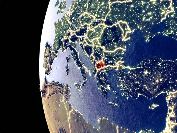 Ночной Вид Македонии Космоса Видимыми Городскими Огнями Подробная Пластиковая Поверхность — стоковое фото