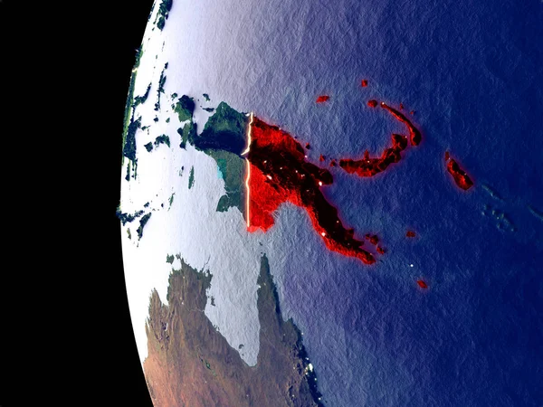 Ночной Вид Папуа Новой Гвинеи Космоса Видимыми Городскими Огнями Подробная — стоковое фото