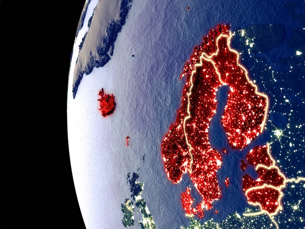 Night view of Northern Europe from space with visible city lights. Very detailed plastic planet surface. 3D illustration. Elements of this image furnished by NASA.