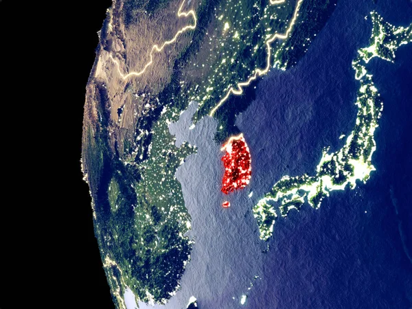 Nattvisning Sydkorea Från Rymden Med Synliga Stadens Ljus Mycket Detaljerad — Stockfoto
