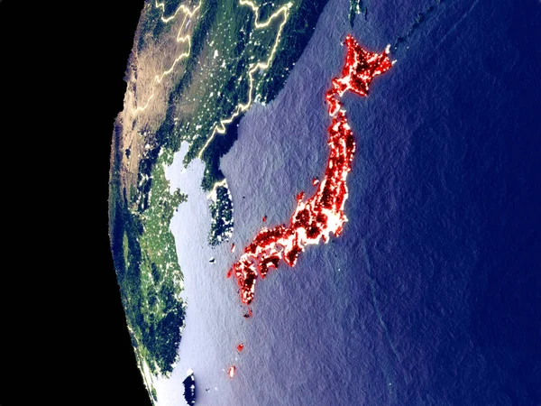 Vista Nocturna Japón Desde Espacio Con Luces Visibles Ciudad Superficie — Foto de Stock