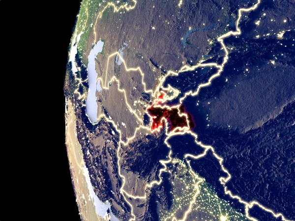 Ночной Вид Таджикистана Космоса Видимыми Городскими Огнями Подробная Пластиковая Поверхность — стоковое фото