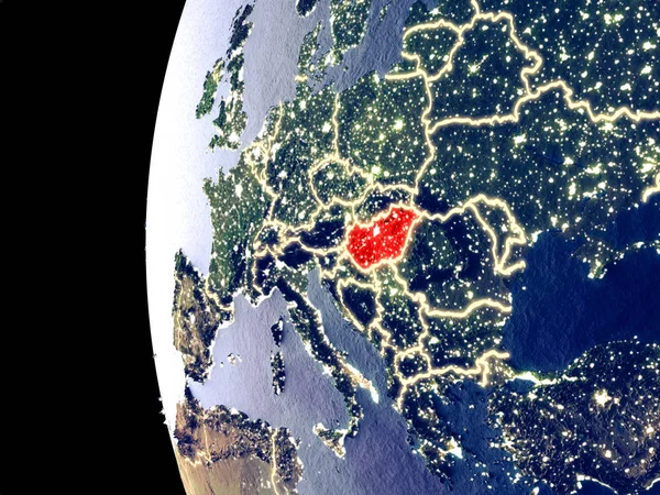 Nachtansicht Von Ungarn Aus Dem Weltraum Mit Sichtbarer Stadtbeleuchtung Sehr — Stockfoto