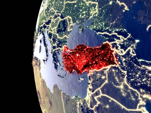 Ночной Вид Турции Космоса Видимыми Городскими Огнями Подробная Пластиковая Поверхность — стоковое фото