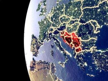 Uzaydan görünür şehir ışıkları ile eski Yugoslavya'nın gece görünümü. Çok detaylı plastik gezegenin yüzey. 3D çizim. Nasa tarafından döşenmiş bu görüntü unsurları.
