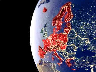 Schengen alanı üye uzaydan görünür şehir ışıkları ile gece manzarası. Çok detaylı plastik gezegenin yüzey. 3D çizim. Nasa tarafından döşenmiş bu görüntü unsurları.
