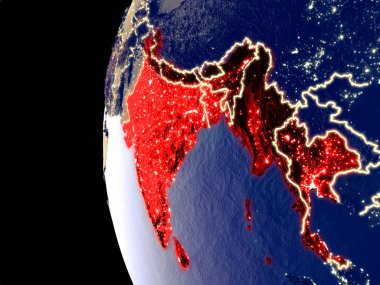 Bimstec üye devletler uzaydan görünür şehir ışıkları ile gece manzarası. Çok detaylı plastik gezegenin yüzey. 3D çizim. Nasa tarafından döşenmiş bu görüntü unsurları.