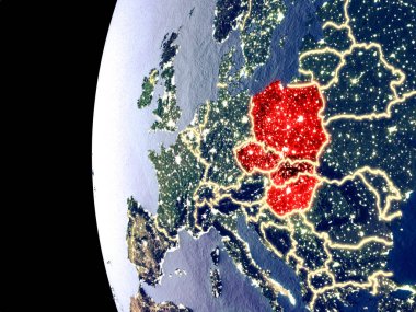 Visegrad grup uzaydan görünür şehir ışıkları ile gece manzarası. Çok detaylı plastik gezegenin yüzey. 3D çizim. Nasa tarafından döşenmiş bu görüntü unsurları.