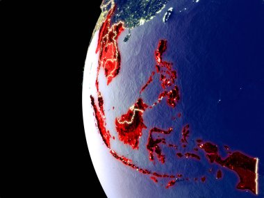 Asean ülkeleri uzaydan görünür şehir ışıkları ile gece manzarası. Çok detaylı plastik gezegenin yüzey. 3D çizim. Nasa tarafından döşenmiş bu görüntü unsurları.