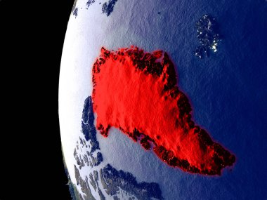 Grönland uzaydan görünür şehir ışıkları ile gece manzarası. Çok detaylı plastik gezegenin yüzey. 3D çizim. Nasa tarafından döşenmiş bu görüntü unsurları.