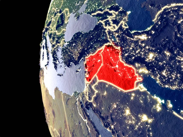 Night view of Islamic State from space with visible city lights. Very detailed plastic planet surface. 3D illustration. Elements of this image furnished by NASA.