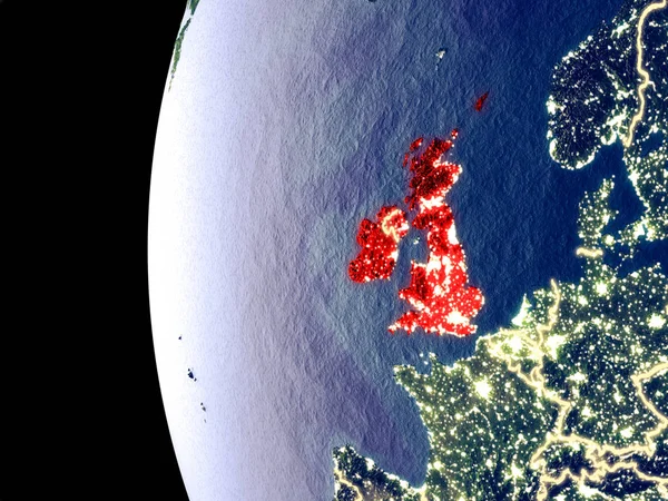 Night view of British Isles from space with visible city lights. Very detailed plastic planet surface. 3D illustration. Elements of this image furnished by NASA.