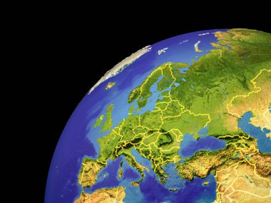 Ülke sınırları ile uydu görüntüsü Avrupa Dünya üzerinde. Son derece ayrıntılı plastik gezegenin yüzey ve mavi okyanus dalgaları ile. 3D çizim. Nasa tarafından döşenmiş bu görüntü unsurları.