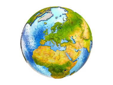 Kosova ülke sınırları ve okyanuslardaki su Dünya'nın 3d model üzerinde. 3d illüstrasyon izole beyaz arka plan üzerinde.